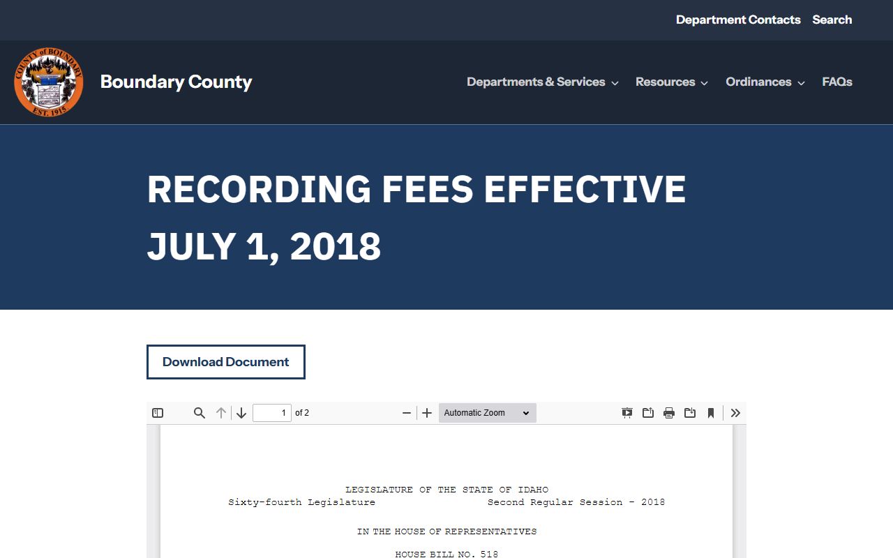 Boundary County marriage records recording fee source