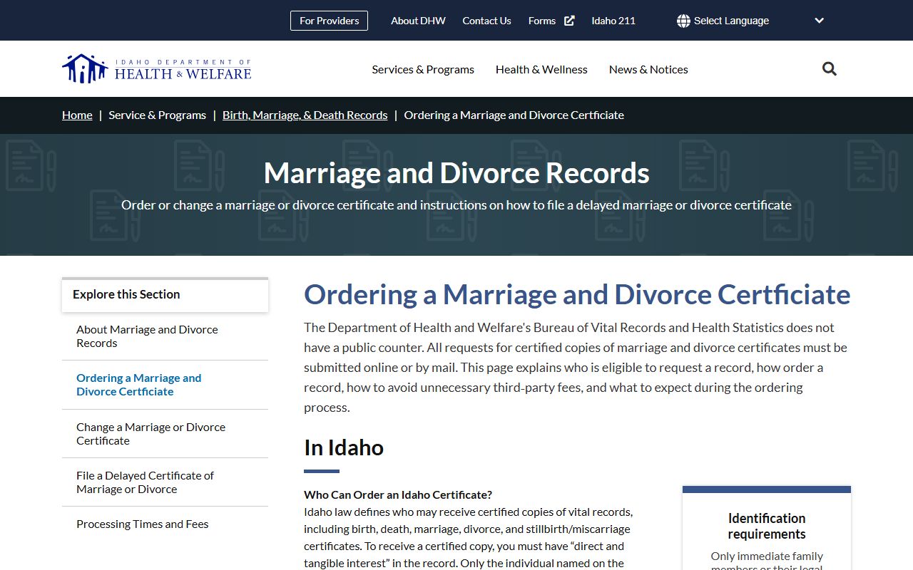 Idaho Health and Welfare Boundary County marriage and divorce certificate source